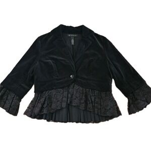 INC Jacket Blazer‎ M Black Velvet Lace Ruffle Gothic Victorian Steampunk Witchy
